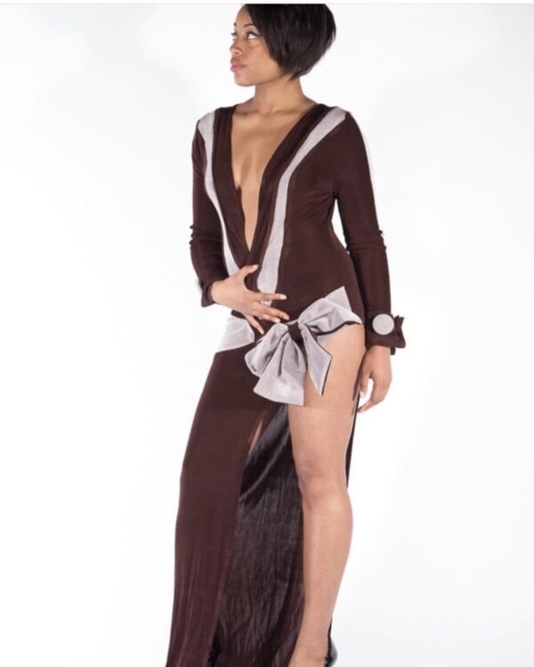 Pornographic brown dress with Beige High side Split and Deep Plunging Neckline with an Oversized Bow