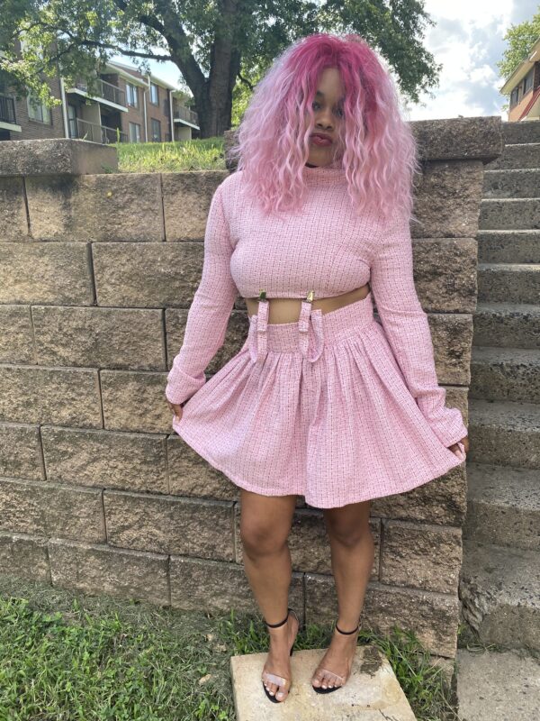 Woman with pink hair wearing Pink Dress