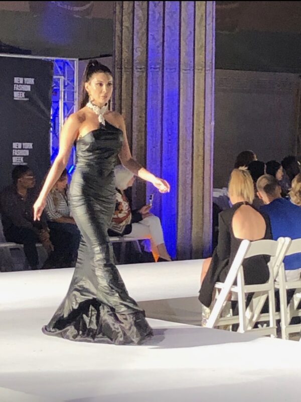 Woman on a fashion runway wearing Vinyl High End Evening Gown