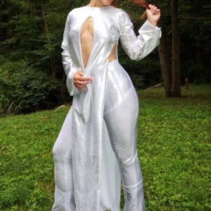 Woman modeling silver Vixen two-piece pant suit